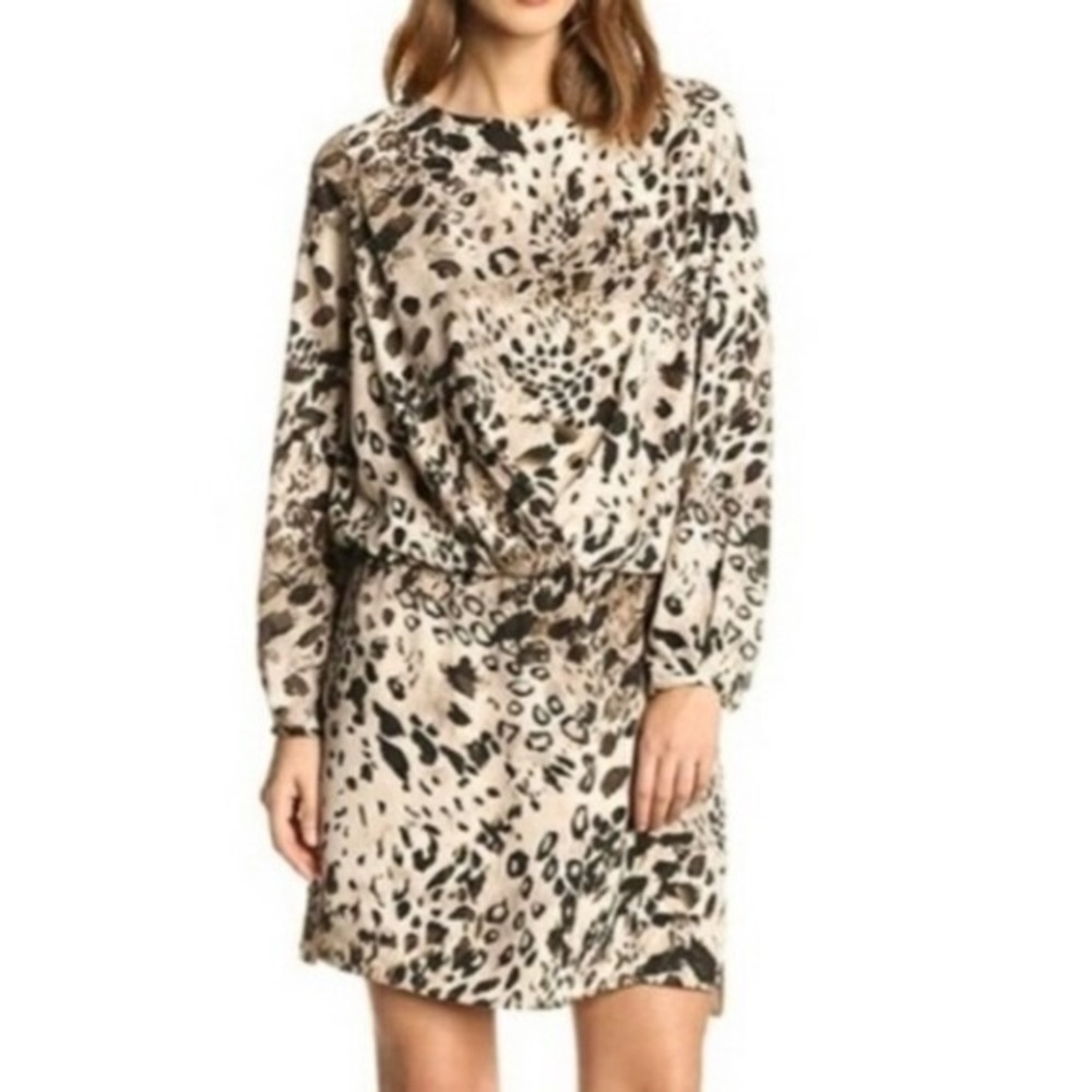 NWOT Vince Camuto Leopard‎ Beige Black Blouson Slouch Waist Long-Sleeve Dress- S